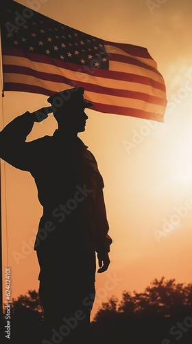 A silhouette of a soldier saluting the flag Generative AI