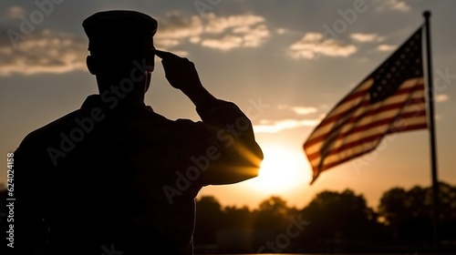 A silhouette of a soldier saluting the flag Generative AI