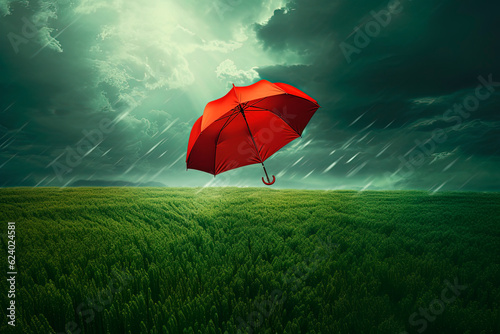 A red umbrella flying over a lush green field. Generative AI 