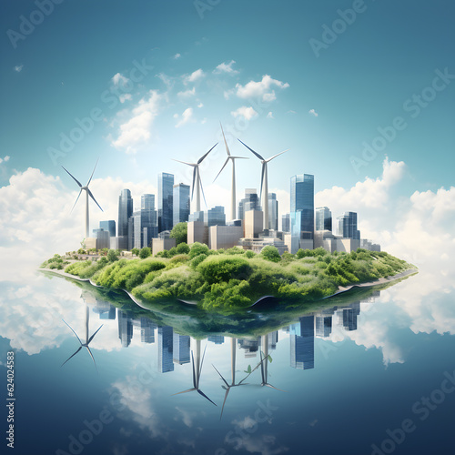 Renewable energy wind turbines with green and environmental purity for cities and people. Sustainable solutions, battery storage sites, wind turbines and a megacity with skyscrapers, Generative Ai