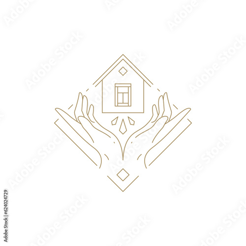 Human hands holding minimalist house jewelry gem geometric frame decorative design line icon vector