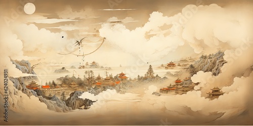 AI Generated. AI Generative. Ancient chinese temple mountain fog mist landscape. Vacation adventure outdoor asian traditional drawing painting 