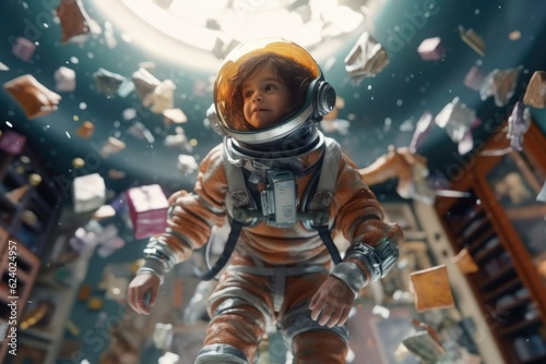 kid in spacesuit helmet floating through school. beautiful Generative AI AIG32 photo