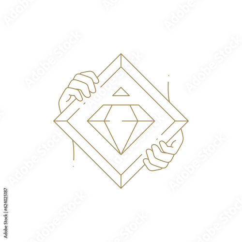 Abstract human hands geometric square frame gem brilliant jewelry monochrome golden line icon vector