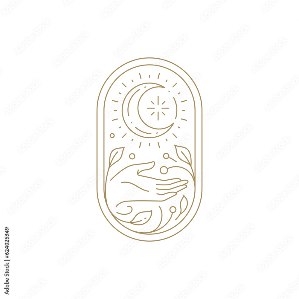 Harmony human palm holding bright half moon botanical blossom decorative border line art vector Harmony human palm holding bright half moon botanical blossom decorative border line art vector