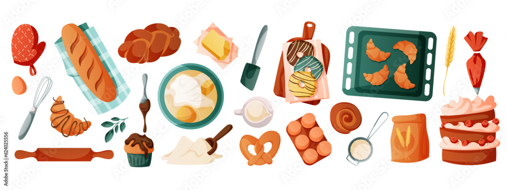 Set of baking ingredients, tools, utensils. Kitchen supplies, bakery stuff for homemade cooking. Flour, whisk, butter, milk. Bread, croissants, pretzel, cake, donut, cupcake pastry products. Vector