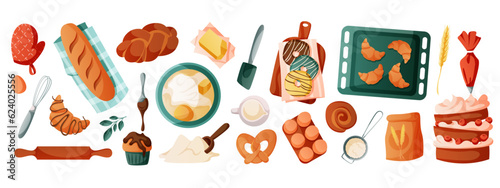 Set of baking ingredients, tools, utensils. Kitchen supplies, bakery stuff for homemade cooking. Flour, whisk, butter, milk. Bread, croissants, pretzel, cake, donut, cupcake pastry products. Vector