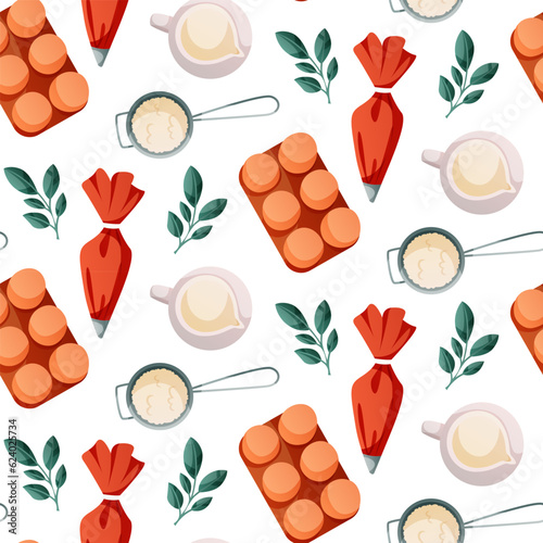 Pattern kitchen pastry bag, egg, milk for homemade cooking, pastry. Baking tools, utensils, supplies, bakery stuff. Bakery shop, cooking, sweet products, dessert. Vector for poster, banner, menu