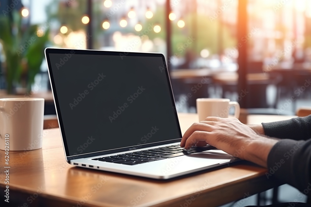 mockup, blank screen laptop computer. Business man working on laptop computer on table at office. mock up for website design and digital marketing, over shoulder view mockup, blank screen laptop computer. Business man working on laptop computer on table at office. mock up for website design and digital marketing, over shoulder view
