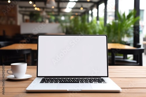 mockup, blank screen laptop computer. Business man working on laptop computer on table at office. mock up for website design and digital marketing, over shoulder view