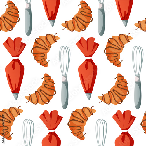 Pattern with kitchen whisk, pastry bag, french croissant for homemade cooking. Baking tools, utensils, supplies, stuff. Bakery shop, sweet products, dessert. Vector for poster, banner, menu, cover