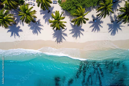 Beach with palm trees and white sand, drone view, top view. AI generated.
