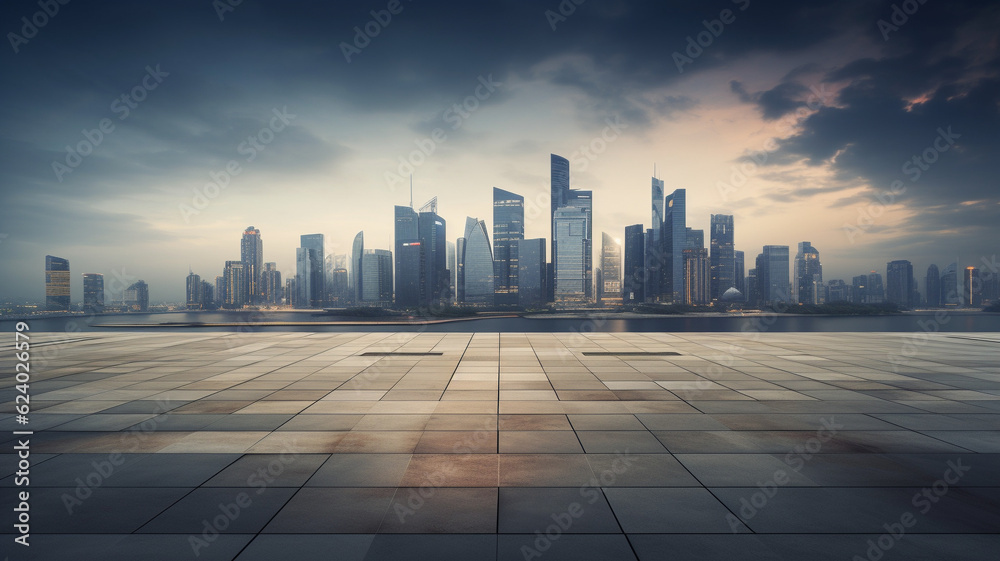 Empty paved area and metropolis city on the horizon. AI generated. Empty paved area and metropolis city on the horizon. AI generated.