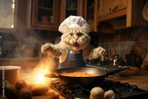 Cat blogger dressed as a chef. The cat looks at the camera and shows how to cook food, blogging concept. AI generated.