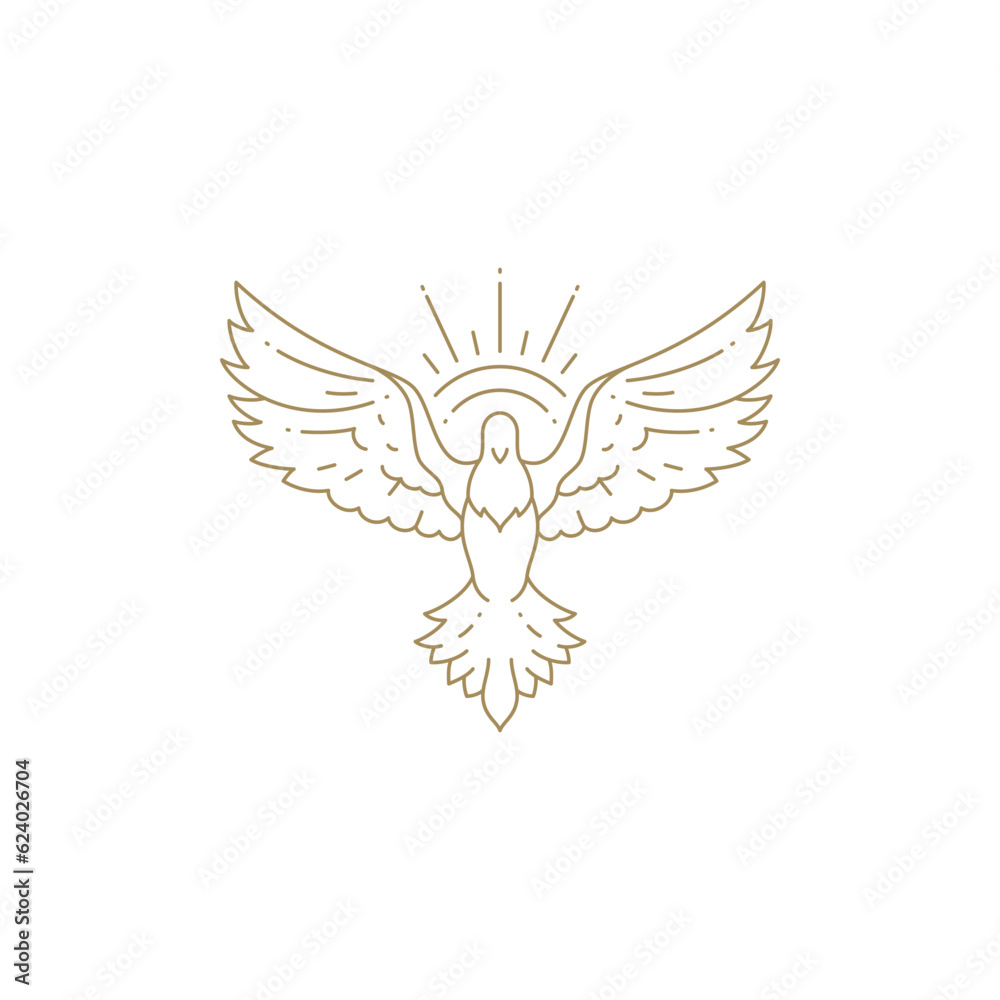 Obraz premium Minimalist flying pigeon with open wings natural sun light beams line art icon vector illustration