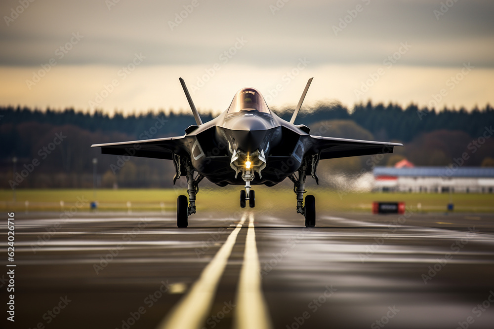 Fototapeta premium Military aircraft fighter maneuvers on the runway, on the airfield. AI generated.