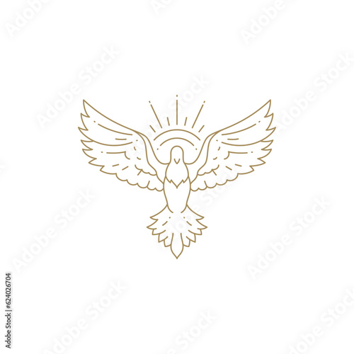 Minimalist flying pigeon with open wings natural sun light beams line art icon vector illustration