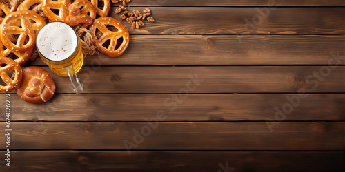 Top view of beer jar and pretzel on wooden table with free space for text