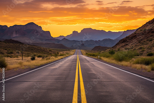 An asphalt road with a yellow dividing strip leads into the distance. Mountain landscape in the background. AI generated.