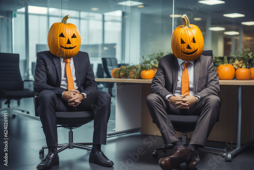 Office staff, business people are sitting in a meeting. People have pumpkins for heads. Stupidity concept. AI generated.