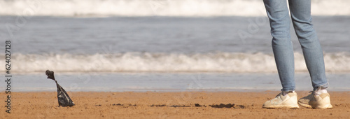 bag of dog poop on beach sand