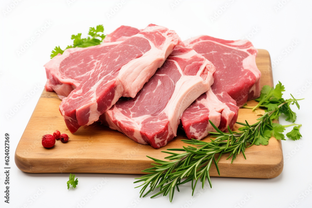 Part of lamb neck, meat, isolated on white background with spices. OR generated. Part of lamb neck, meat, isolated on white background with spices. OR generated.