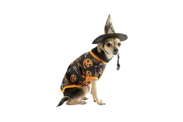 dog clothes, pet accessories, cute funny dog in a halloween hat and holiday costume,puppy in festive T-shirt isolated