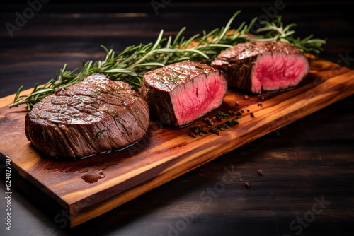 Prime black angus beef roast beef steak baked on a wooden board. Rosemary decorates. AI generated.