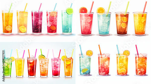 Variety of colorful refreshing cocktails on a white background. AI generated.