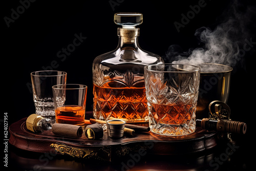 Decanter with brandy or whiskey, glass and cigars on a wooden tray. AI generated.