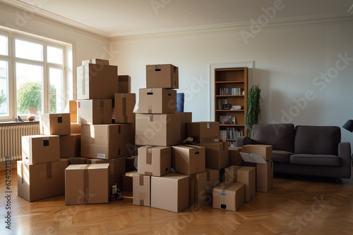 Relocation concept. A pile of cardboard boxes in an empty apartment. AI generated. © serperm73