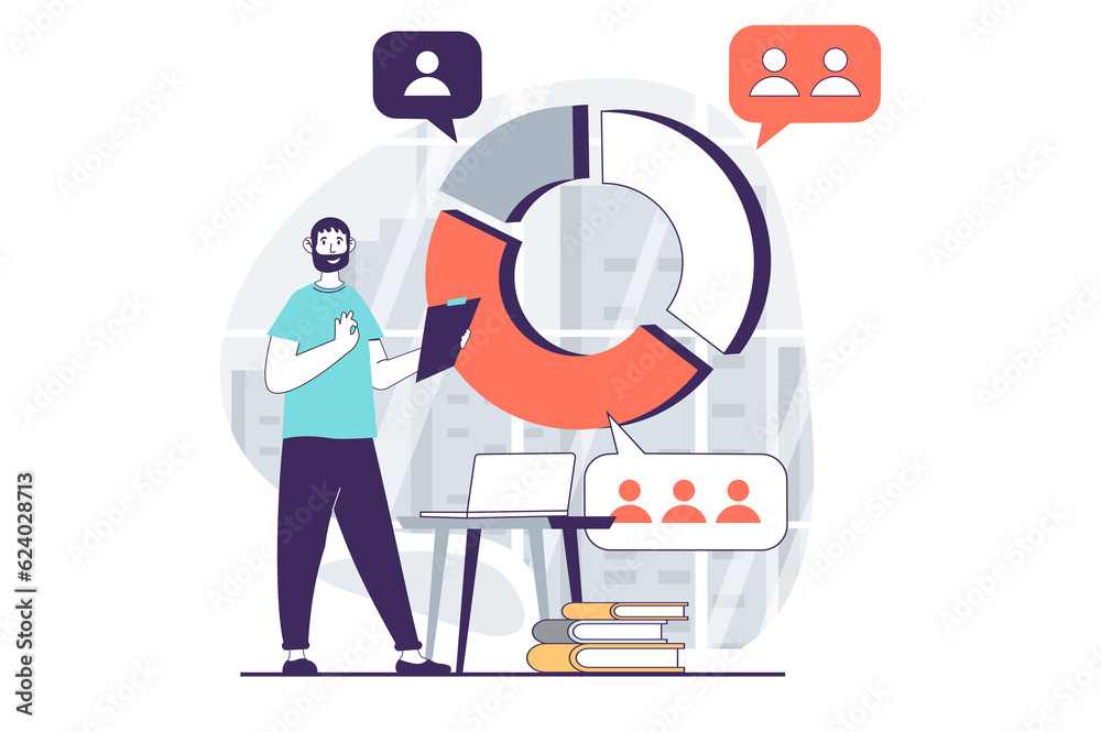 Focus group concept with people scene in flat design for web. Man works with pie chart with different data, analyzing target audience. Illustration for social media banner, marketing material. Focus group concept with people scene in flat design for web. Man works with pie chart with different data, analyzing target audience. Illustration for social media banner, marketing material.