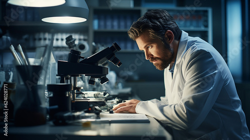 Scientist looking at a microscope in the lab. Generative AI