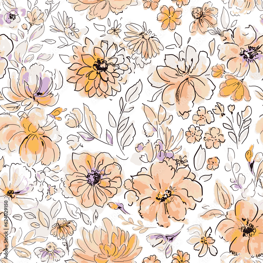 Orange floral seamless repeat pattern