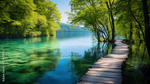 Colorful spring scene of green forest with pure water lake beauty nature concept background. Generative AI