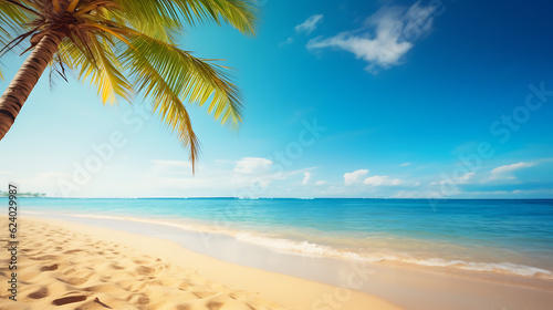 Summer ocean beach with palm trees background. Generative AI © Tony