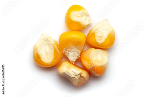 Close-up of Dried Organic Corn, Maize (Zea mays) seeds isolated on white background. Top view.