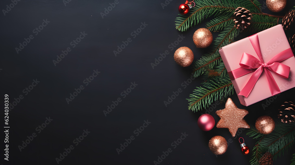 Christmas tree with gifts and balls and pine tree branches decorations. Generative AI Christmas tree with gifts and balls and pine tree branches decorations. Generative AI