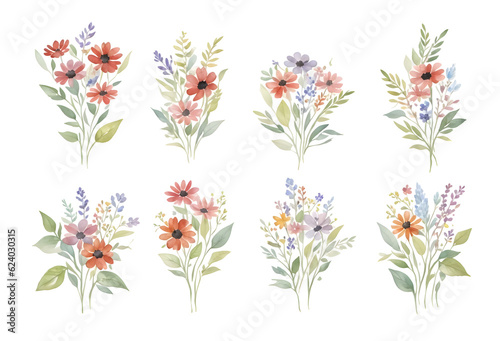 Wild flower bouquet collection with watercolor on transparent background,generative ai