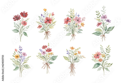 Wild flower bouquet collection with watercolor on transparent background,generative ai