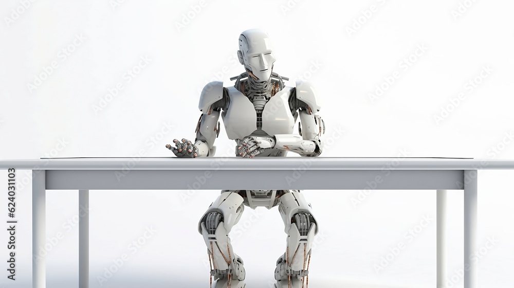 Robot is sitting at desk. Generative AI Robot is sitting at desk. Generative AI