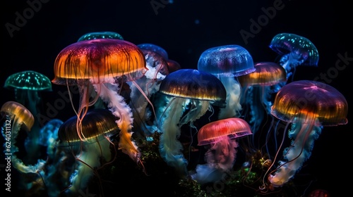 Jellyfish on a dark background. Generative AI  © Kateryna Kordubailo