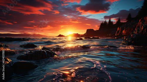 3D Render: Breathtaking spectacle of a sunrise over the sea. Generative AI