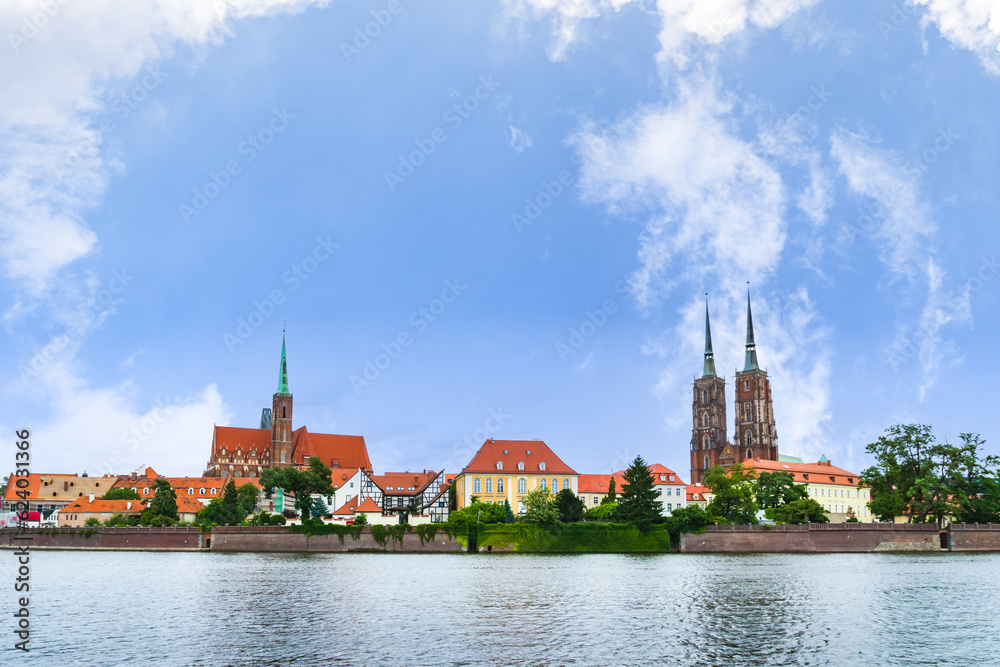 Wroclaw, Poland, cityscape with Cathedral of St. John and river in summer