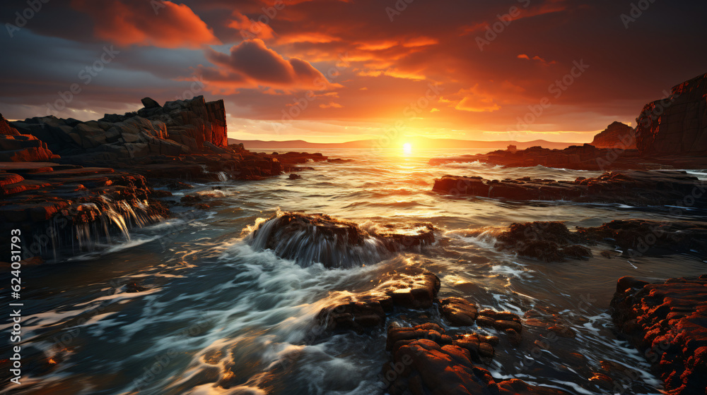 Fototapeta premium 3D Render: Breathtaking spectacle of a sunrise over the sea. Generative AI