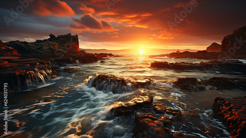 3D Render: Breathtaking spectacle of a sunrise over the sea. Generative AI