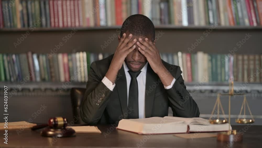 Tense African Male Lawyer with Headache in Office Tense African Male Lawyer with Headache in Office