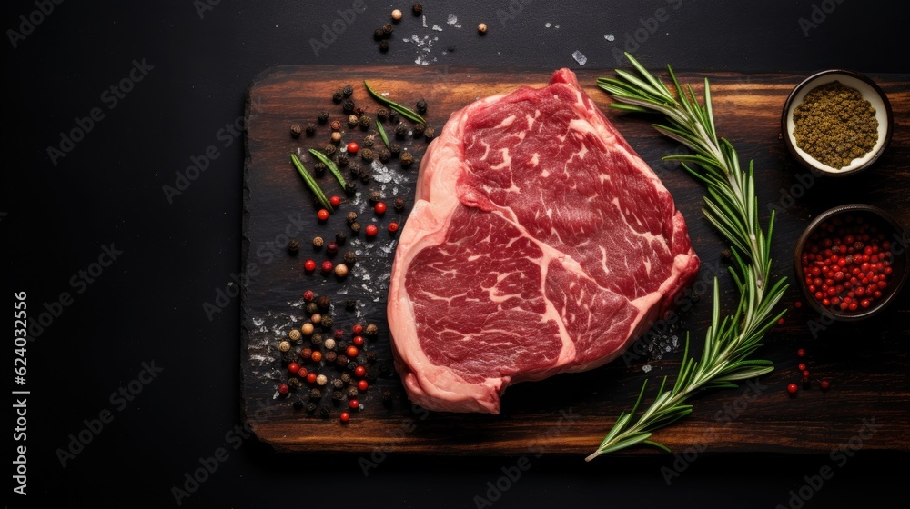 Raw rib eye steak, beef marbled meat on wooden board with rosemary. Generative AI Raw rib eye steak, beef marbled meat on wooden board with rosemary. Generative AI
