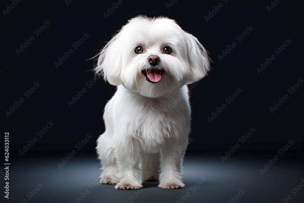 Studio shot of a cute Maltese dog standing on black background. selective focus. Studio shot of a cute Maltese dog standing on black background. selective focus.