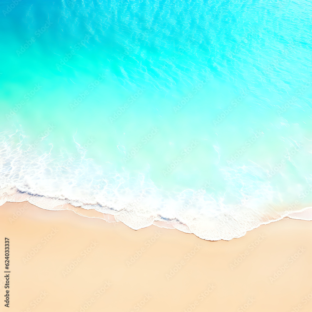 summer beach background, abstract sand beach from above with light blue transparent water wave and sun lights, summer vacation background concept banner with copy space, natural beauty,   AI generated